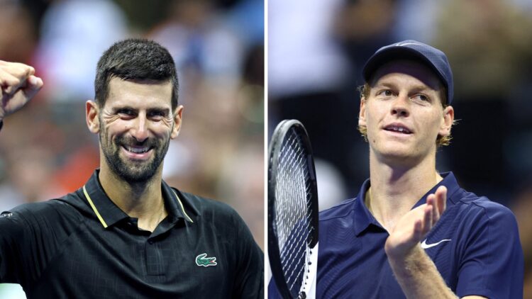 Novak Djokovic (L) celebrates at the US Open, Jannik Sinner (R) reacts after winning his fourth-round match at the 2025 US Open.