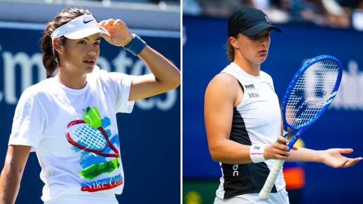 Split image of Emma Raducanu practicing before the 2025 US Open and Iga Swiatek playing at the 2025 US Open