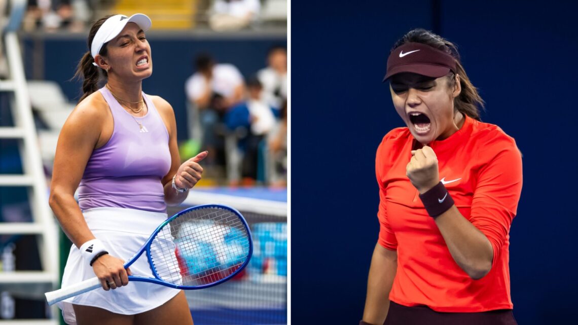 Split image of Jessica Pegula of the United States in action against Ajla Tomljanovic of Australia in the second round on Day 6 of the China Open a...
