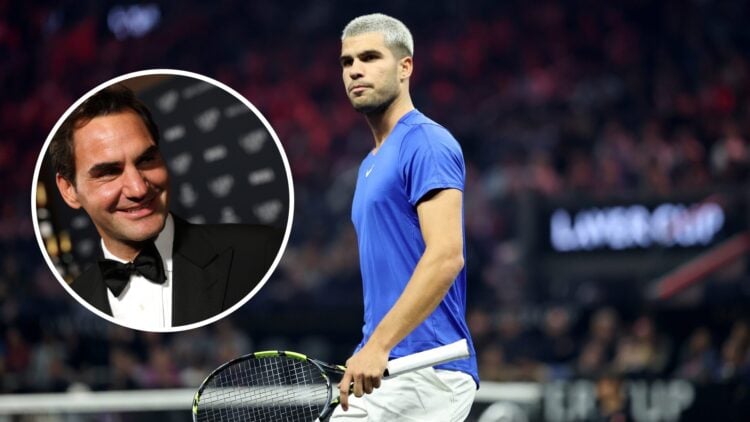 Carlos Alcaraz in action at the 2025 Laver Cup, with an inset of Roger Federer smiling ahead of the Laver Cup.