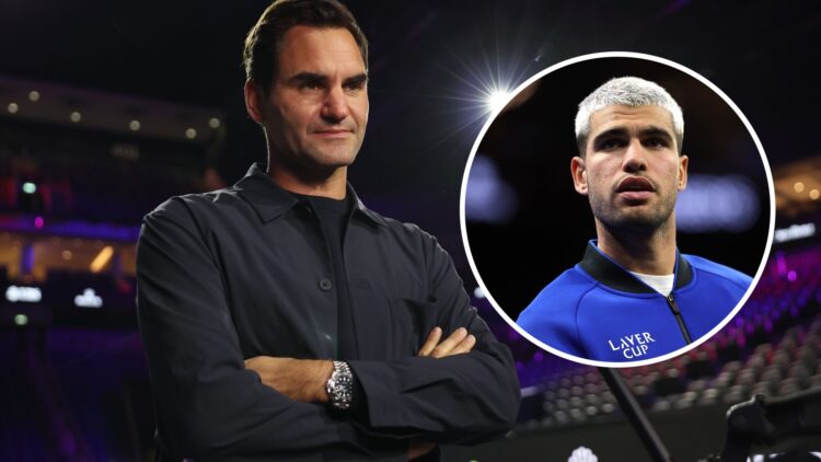 Roger Federer speaks to the press ahead of the Laver Cup at Uber Arena, with an inset of Carlos Alcaraz looking on at the Laver Cup.
