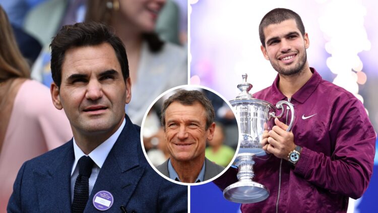 Split image of Roger Federer looks on from the royal box on day eight of The Championships Wimbledon 2025 at All England Lawn Tennis and Croquet Cl...
