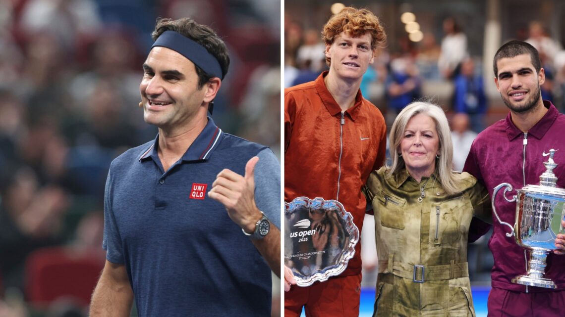 Split image of Roger Federer attends fans day on Day 12 of 2024 Shanghai Rolex Masters at Qi Zhong Tennis Centre and Jannik Sinner of Italy, Stacey...