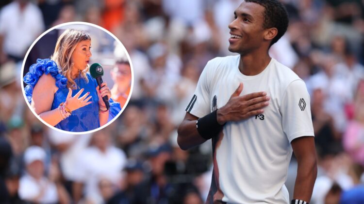 Image of Felix Auger-Aliassime celebrating his quarterfinal win at the 2025 US Open, inset of Marion Bartoli conducting a post-match interview at t...