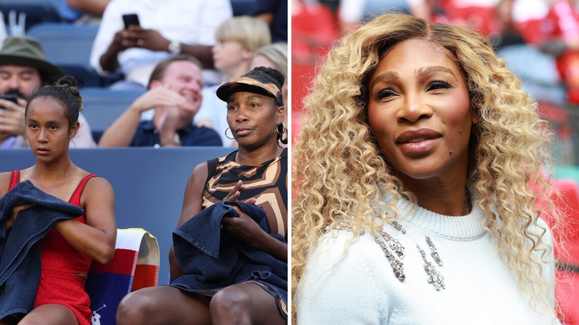 Split image of Leylah Fernandez of Canada and partner Venus Williams of the United States look on between games during their Women's Doubles Third ...