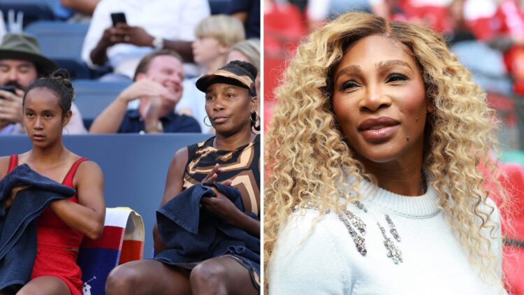 Split image of Leylah Fernandez of Canada and partner Venus Williams of the United States look on between games during their Women's Doubles Third ...