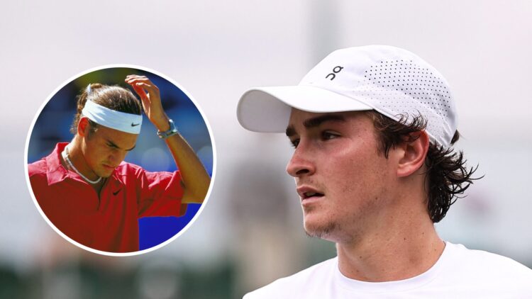 Joao Fonseca looking on at Wimbledon, with an inset of Roger Federer of Switerland during the Mens Tennis Singles Bronze Medal Match at the NSW Ten...