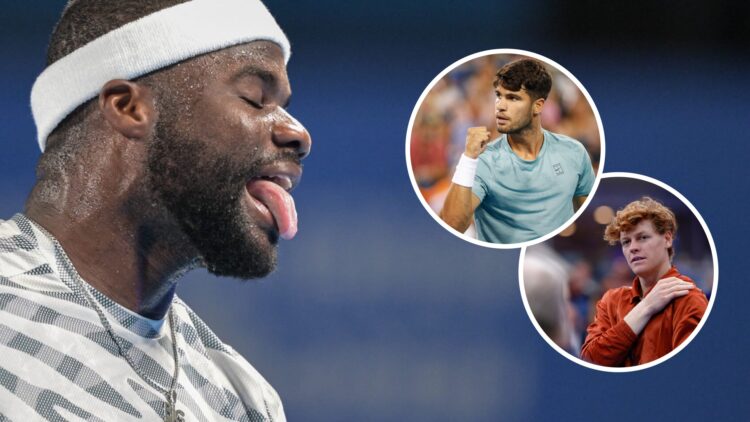 Image of Frances Tiafoe reacting during the 2025 Japan Open vs Marton Fucsovics, inset of Jannik Sinner reacting after losing the 2025 US Open fina...