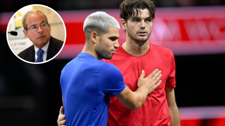 Taylor Fritz of Team World greets Carlos Alcaraz of Team Europe following their match during day two of Laver Cup 2025 at Chase Center, with an ins...