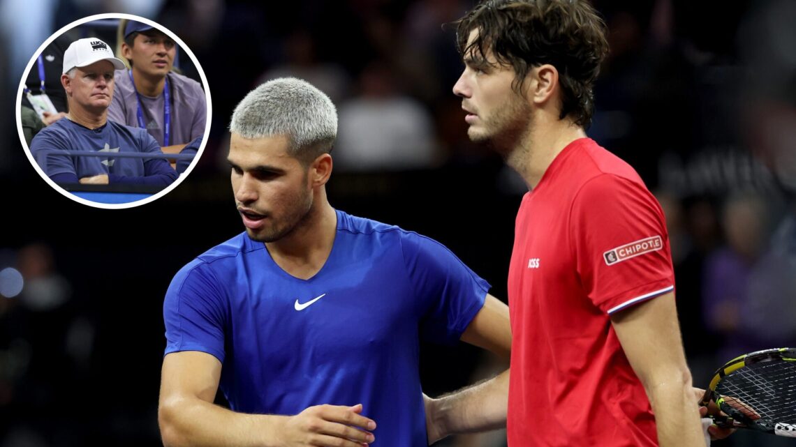 Taylor Fritz of Team World greets Carlos Alcaraz of Team Europe following their match during day two of Laver Cup 2025 at Chase Center, with an ins...