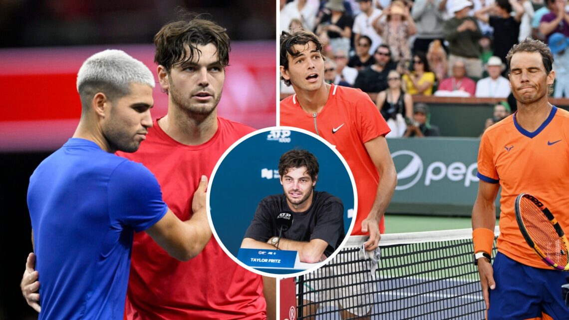 Split image of Taylor Fritz of Team World greets Carlos Alcaraz of Team Europe following their match during day two of Laver Cup 2025 and Taylor Fr...