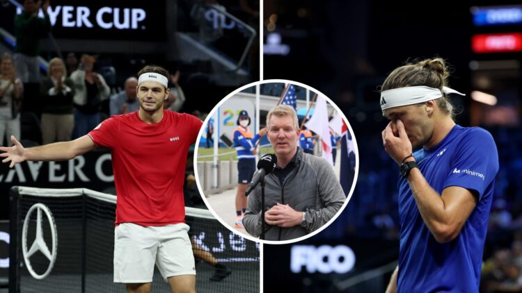 Split image of Taylor Fritz of Team World reacts after winning match point to defeat Alexander Zverev of Team Europe to win Laver Cup 2025 for Team...