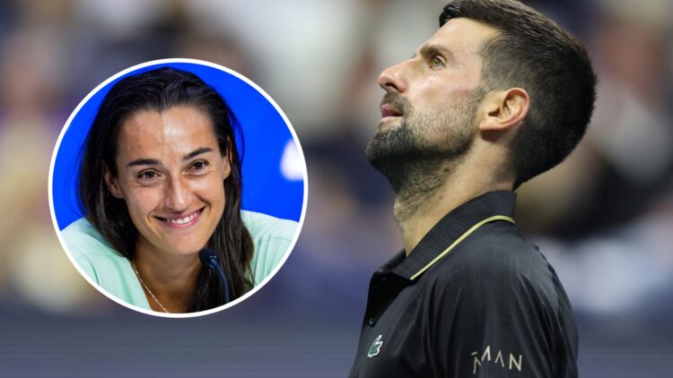 Novak Djokovic in action at the US Open, with an inset of Caroline Garcia speaking to the media after retiring from tennis at the 2025 US Open.