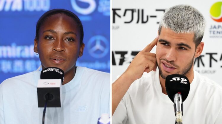 Coco Gauff (L) at a China Open press conference, Carlos Alcaraz (R) at a Japan Open press conference.