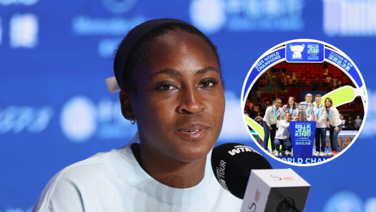 Coco Gauff speaking at a China Open press conference, with an inset of Italy celebrating after winning the 2025 Billie Jean King Cup.