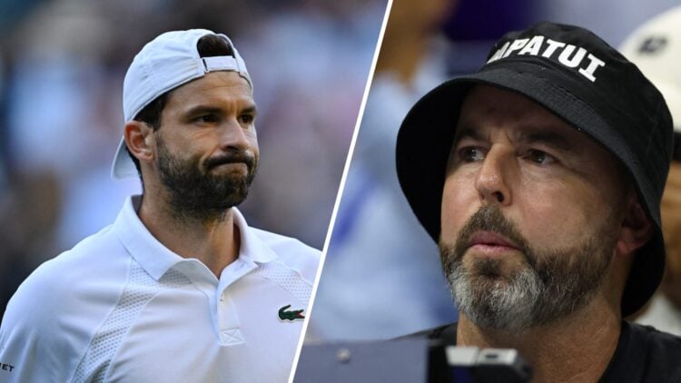 Split image of Grigor Dimitrov looking on during his fourth-round match at Wimbledon in 2025, image of Jamie Delgado watching Grigor Dimitrov play ...