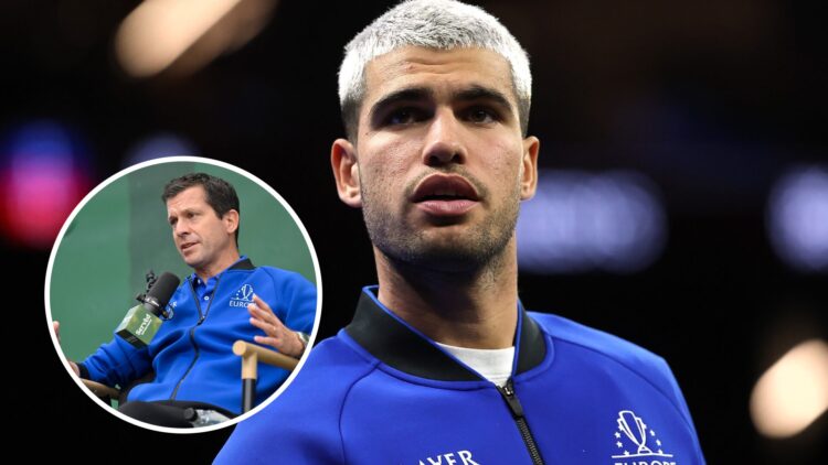 Tim Henman speaking ahead of day three of the 2025 Laver Cup, with an inset of Carlos Alcaraz looking on at the 2025 Laver Cup.