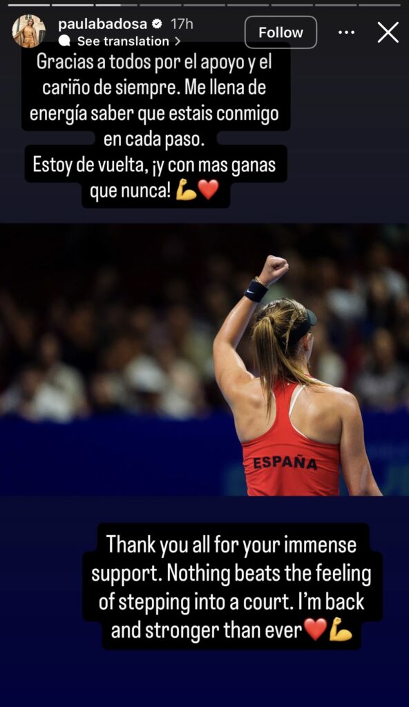 Paula Badosa thanks people for their support in Instagram message after playing at the Billie Jean King Cup Finals.