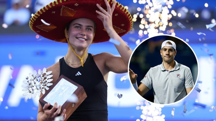 Iva Jovic holds the trophy at the 2025 Guadalajara Open, inset John Isner looks on during the 2021 Canadian Open