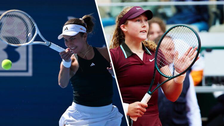 Split image of Iva Jovic playing at the 2025 Cincinnati Open and Mirra Andreeva celebrating at the 2025 French Open