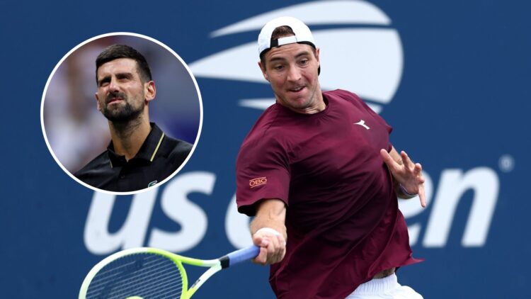 Jan-Lennard Struff plays at the 2025 US Open, inset Novak Djokovic looks on at the 2025 US Open
