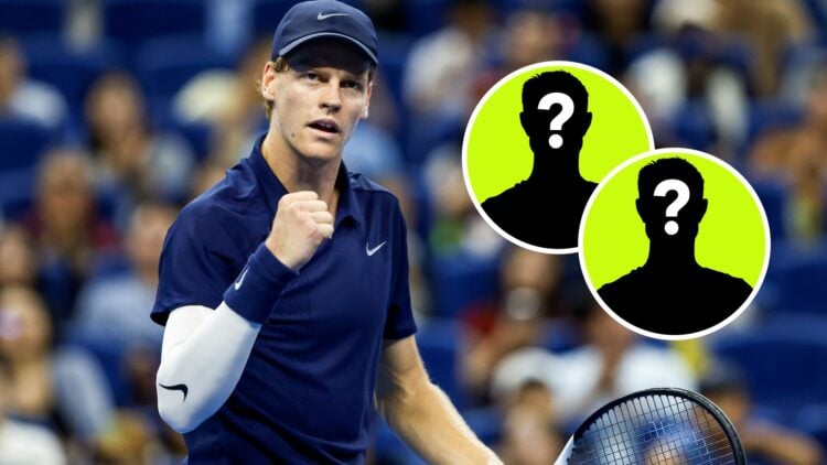 Image of Jannik Sinner celebrating his first-round win at the 2025 China Open, two insets of male mystery players