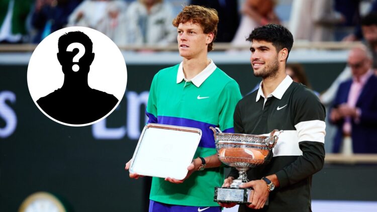 Jannik Sinner and Carlos Alcaraz pose with their trophies at the 2025 French Open, inset mystery player