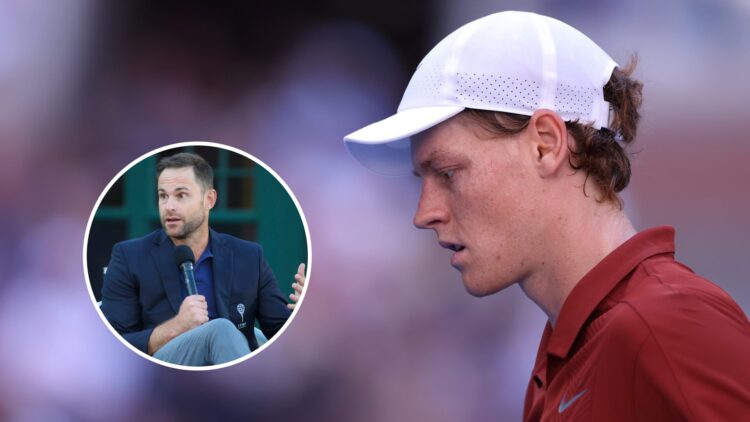Jannik Sinner reacts at the 2025 US Open, inset Andy Roddick speaks at the International Tennis Hall of Fame in 2025