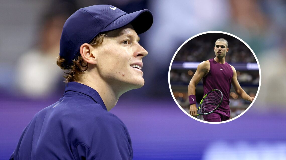 Jannik Sinner looks on during the 2025 US Open, inset Carlos Alcaraz looks on during the 2025 US Open