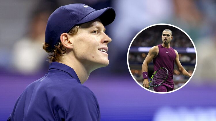 Jannik Sinner looks on during the 2025 US Open, inset Carlos Alcaraz looks on during the 2025 US Open