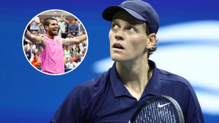 Jannik Sinner reacts during the 2025 US Open, inset Carlos Alcaraz celebrates winning the 2025 US Open