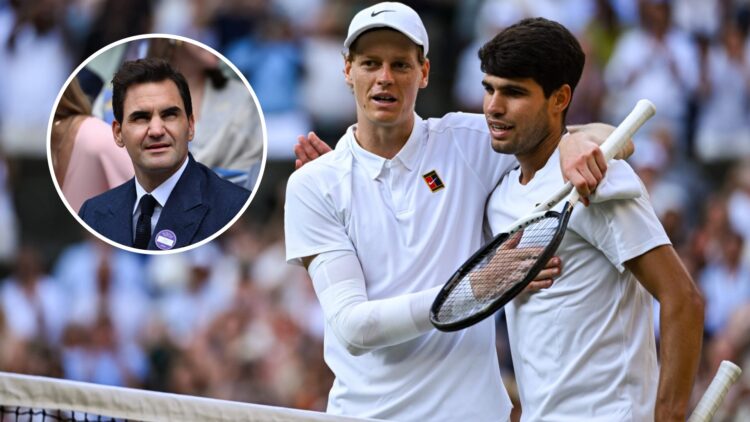 Jannik Sinner and Carlos Alcaraz embrace after the 2025 Wimbledon final, inset Roger Federer looks on during Wimbledon 2025