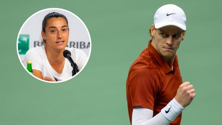 Image of Jannik Sinner celebrating during the 2025 US Open final, inset of Caroline Garcia speaking to the media ahead of the 2024 French Open