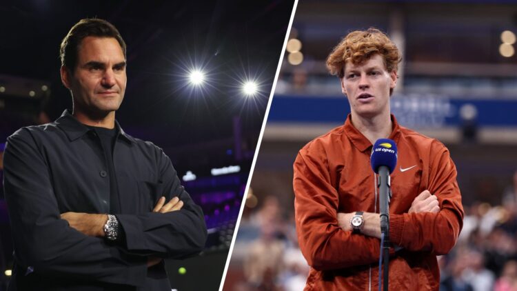 Split image of Roger Federer speaks to the press ahead of the Laver Cup at Uber Arena and