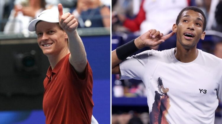 Split image of Jannik Sinner (L) and Felix Auger-Aliassime (R) celebrating at the 2025 US Open