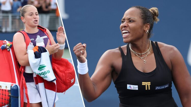 Split image of Jelena Ostapenko leaving the court at the 2025 US Open and Taylor Townsend celebrating at the 2025 US Open