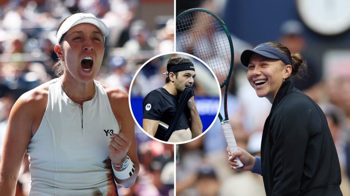 Split image of Jessica Pegula (L) and Amanda Anisimova (R) celebrating at the 2025 US Open, inset Taylor Fritz reacts at the 2025 US Open