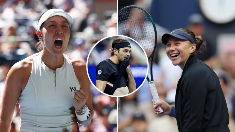 Split image of Jessica Pegula (L) and Amanda Anisimova (R) celebrating at the 2025 US Open, inset Taylor Fritz reacts at the 2025 US Open