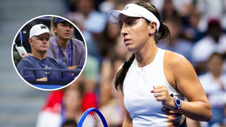 Image of Jessica Pegula playing her first-round match at the 2025 US Open, inset of Mark Knowles watching Jessica Pegula play at the 2025 US Open