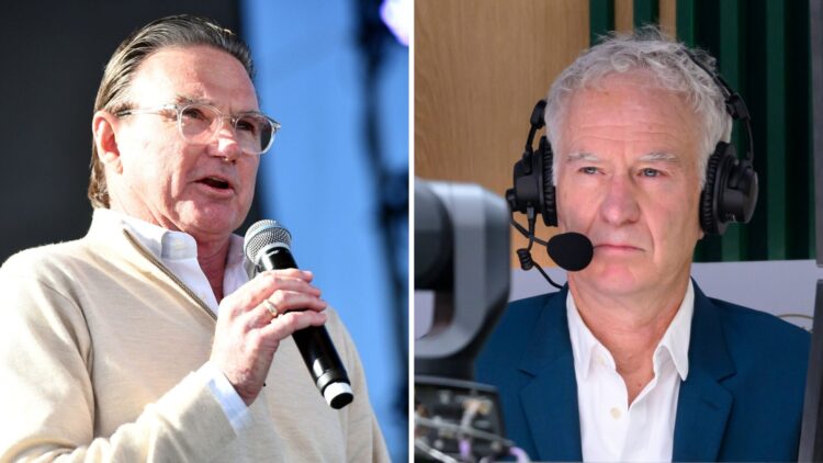 Split image of Jimmy Connors speaking in 2018, image of John McEnroe looking on at Wimbledon in 2025