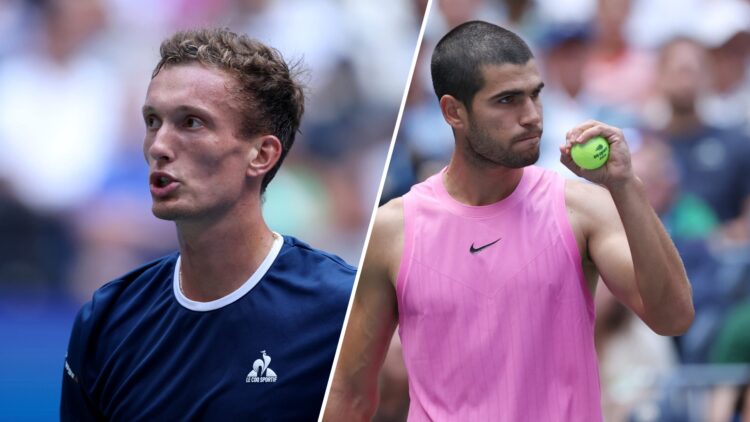 Split image of Jiri Lehecka (L) and Carlos Alcaraz (R) playing against each other at the 2025 US Open