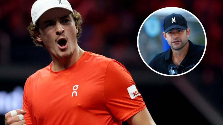 Image of Joao Fonseca celebrating during his win over Flavio Cobolli at the 2025 Laver Cup, inset of Andy Roddick speaking during the 2025 US Open