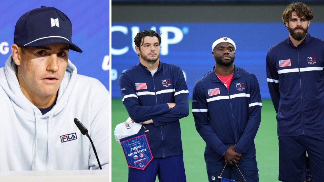 Split image of John Isner attends a press conference at the USTA Billie Jean King National Tennis Center and Taylor Fritz, Frances Tiafoe and Reill...