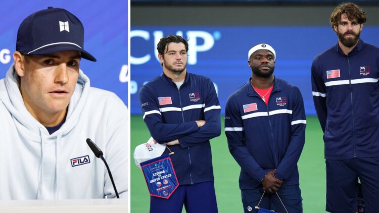 Split image of John Isner attends a press conference at the USTA Billie Jean King National Tennis Center and Taylor Fritz, Frances Tiafoe and Reill...