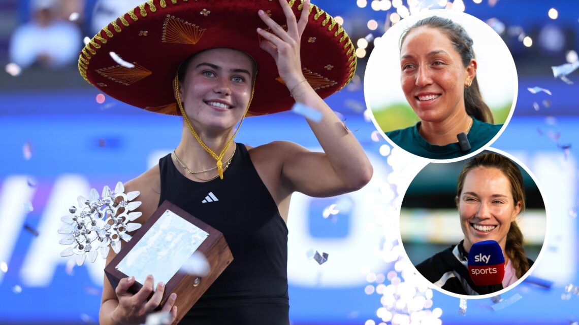 Iva Jovic of the United States celebrates with her trophy during the Singles Final of the WTA 500 Guadalajara Open Akron at Mouratoglou Tennis Cent...