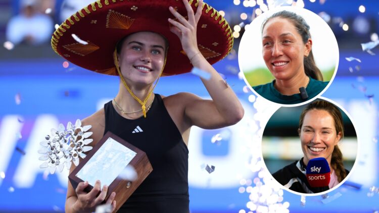 Iva Jovic of the United States celebrates with her trophy during the Singles Final of the WTA 500 Guadalajara Open Akron at Mouratoglou Tennis Cent...
