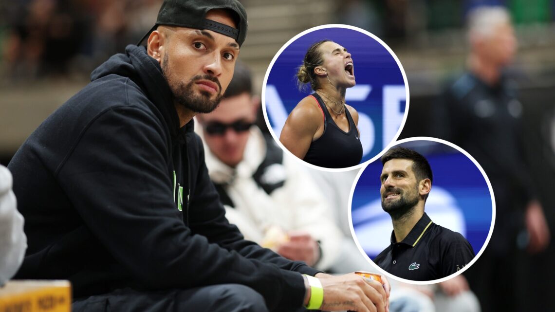 Main: Nick Kyrgios watches a basketball match. Inset: Aryna Sabalenka (Top) and Novak Djokovic (Botom)