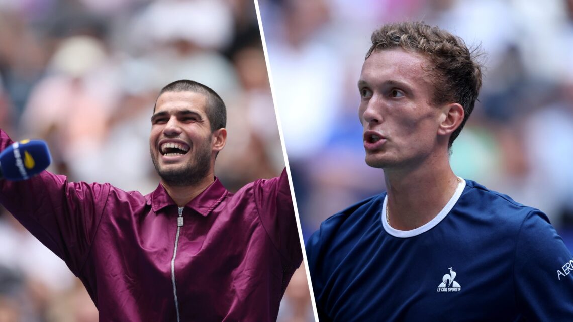 Left: Carlos Alcaraz celebrates another win and Right: Jiri Lehecka against Carlos Alcaraz