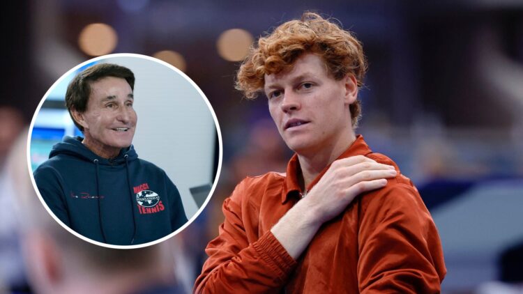 Jannik Sinner looking on after losing the 2025 US Open final, with an inset of Rick Macci interviewed by segment anchors Trace Gallagher and Dana P...