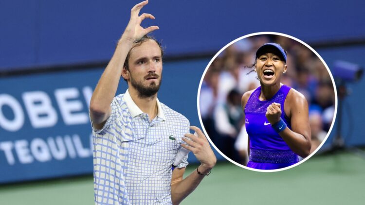 Daniil Medvedev waving to the US Open crowd, with an inset of Naomi Osaka celebrating her win over Karolina Muchova at the 2025 US Open.